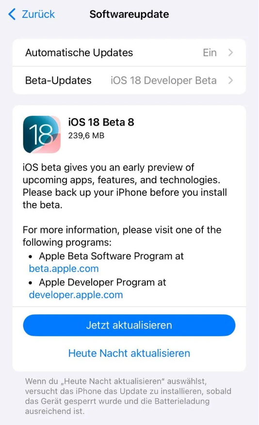 同安苹果手机维修分享苹果 iOS / iPadOS 18 开发者预览版 Beta 8 发布 